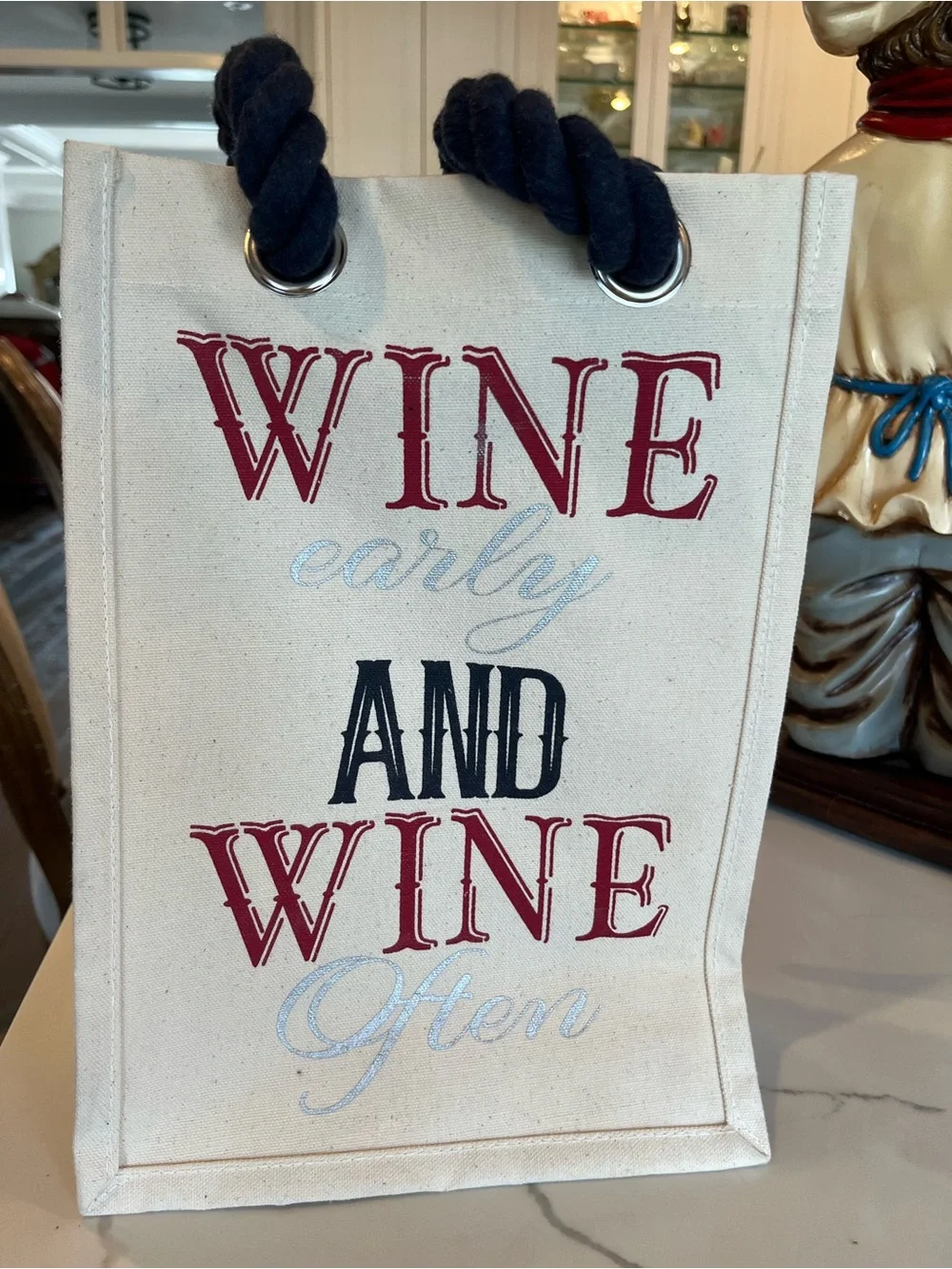 Canvas Wine Tote Bag by  - Red, Black, Navy